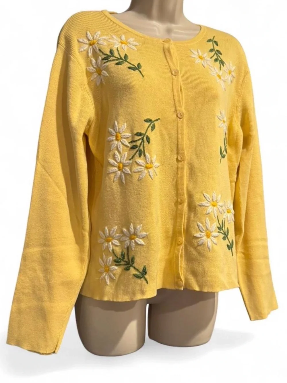 Vintage Talbots Cottagecore Daisy Embroidered Cotton Cardigan M - Picture 2 of 7